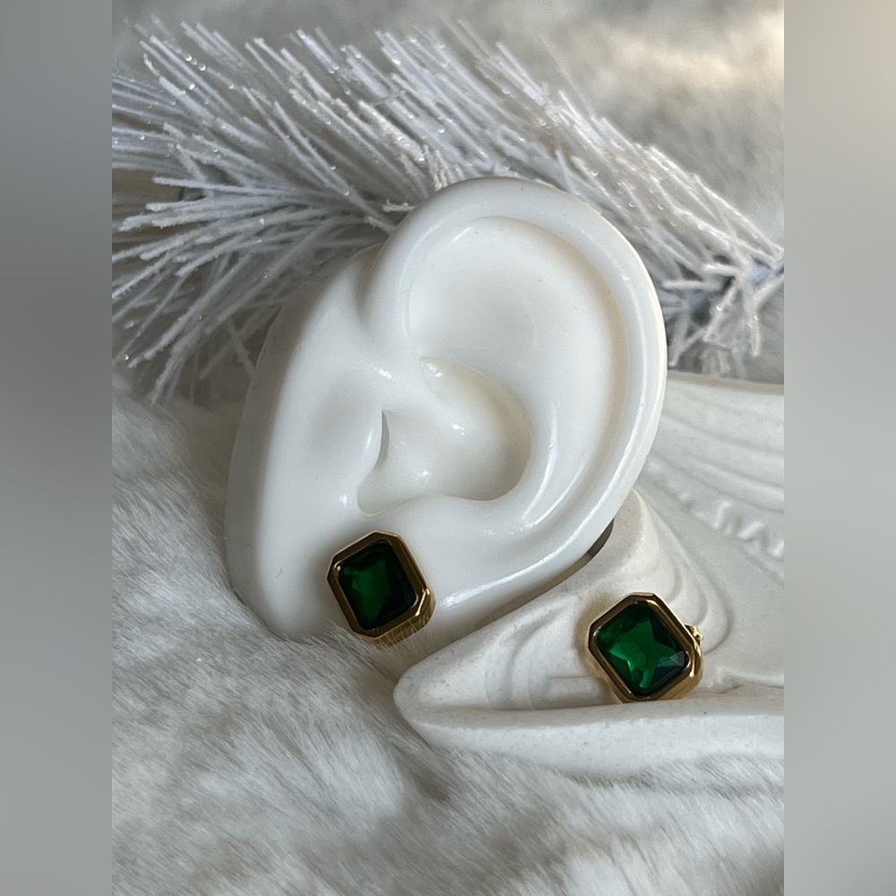 Geometric earrings Emerald Green inspired  and Gold Stud Earrings